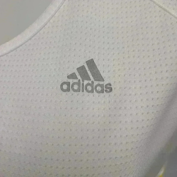 Adidas Climalite White Tee Top Yellow Three Stripe Logo Activewear Medium - Picture 7 of 14